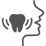 An icon representing a toothache. There is the outline of a face and within that outline is a tooth with lines around it, representing pain or discomfort that we can relieve.