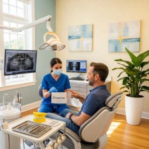 dental-clinic-scene-showcasing-a-dentist-explaining-oraverse-to-a-patient-highlighting-patient-comfort-and-care