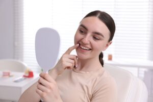 Woman,Looking,In,Mirror,At,Her,Teeth